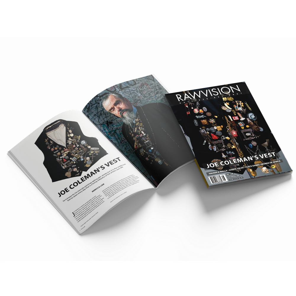 Issue 128 magazine with spread of Joe Coleman and Raw Vision Magazine laying on top - comp