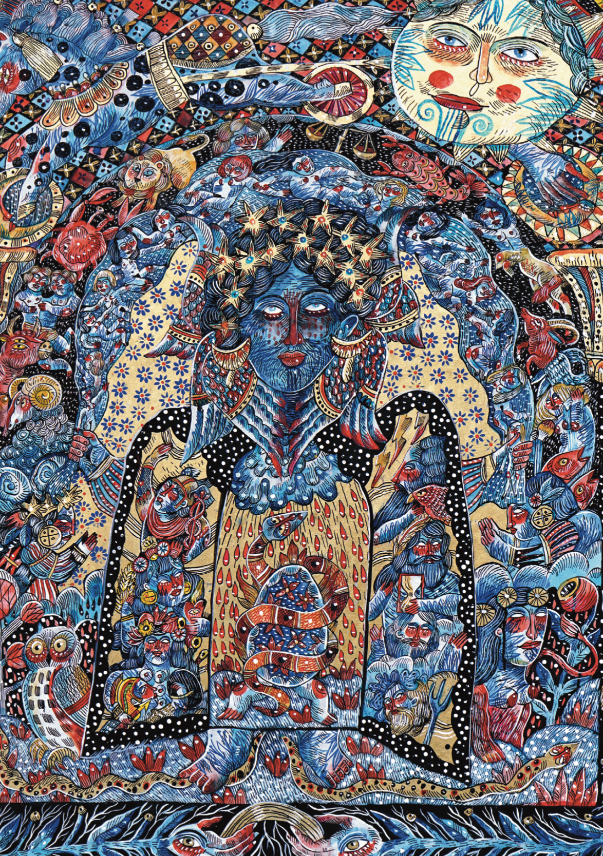 Mina Mond's highly detailed, colourful psychedelic artwork featuring a central blue figure with star patterns, surrounded by whimsical elements including a moon face, owls, mushrooms, and abstract shapes in blue, red, yellow, black, and white, Outsider Art