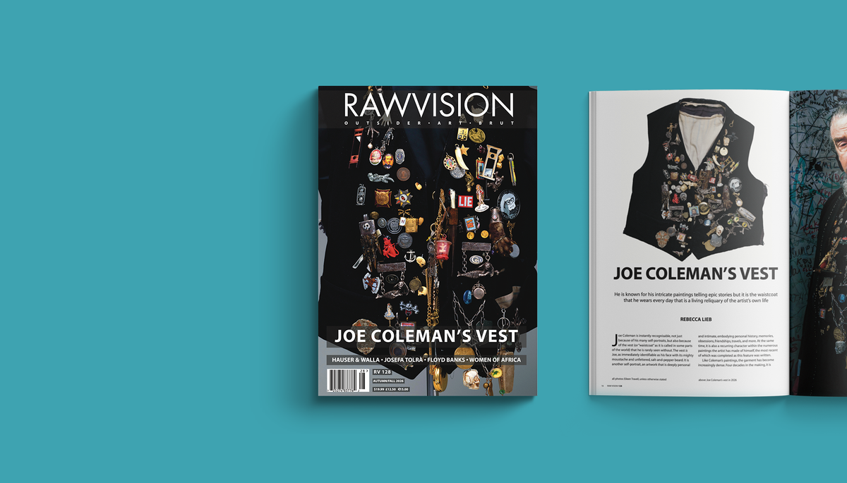 Raw Vision Magazine Issue 128 Oct 2026 cover and spread example with Joe Coleman's vest